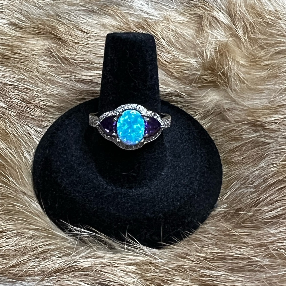 Fire Opal and Amethyst Ring .925 SS Size 9